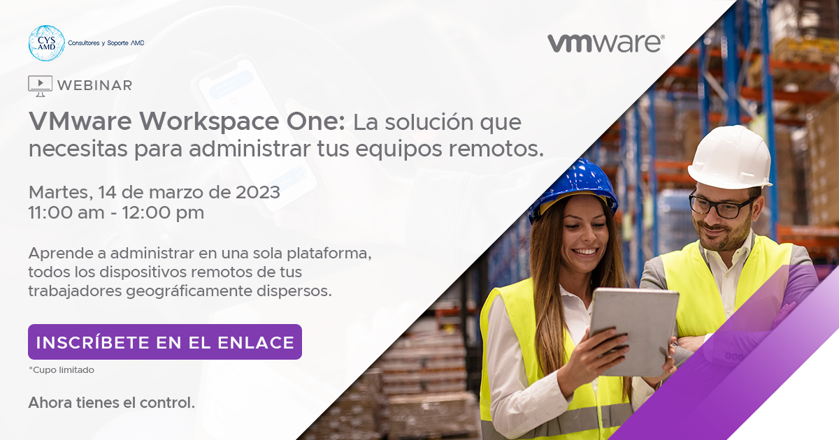 CYS_AMD's tweet photo. Regístrate al webinar que tendremos el próximo 14 de marzo, y podrás aprender a gestionar, configurar políticas de seguridad en tus dispositivos en cualquier momento y lugar en una sola plataforma. Da clic en el enlace y aprende  Workspace One.
Registro: https://t.co/ghknnaHCPW https://t.co/g7W0LOqyqG