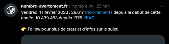 nombrelvg's tweet photo. Vendredi 17 février 2023 : 29.617 personnes n'ont pas eu à subir une grossesse contre leur volonté.

Mais attention, peut-être que les anti #avortements annuleront les #ivg l'année prochaine, comme pour 2022.
https://t.co/0NYu5BnoGU
OUI à l'ivg libre, gratuite et pour tou-te-s. https://t.co/28kWEfkIDa