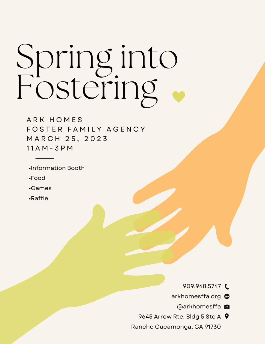 Join us for our first ever Spring into Fostering event on Saturday, March 25, 2023 from 11am-3pm!!!🌸

Stay tuned for more exciting updates about vendors and activities! 

#fostercare #famliy #fosterparent