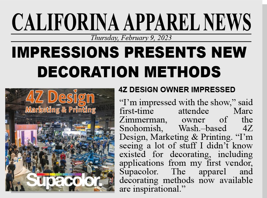We were the only decorator quoted in the wrap up of Impressions Long Beach by California Apparel News
apparelnews.net/news/2023/feb/…

<a href="/supacolor/">Supacolor</a> 
#shopsnohomishcounty
#customheadwear
#tshirtprinting
#SupportSnoCo