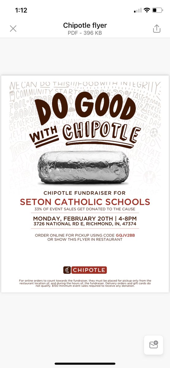 TobyHarveyIN's tweet photo. If you can eat at Chipotle Monday from 4-8pm, it will help support Seton athletics. Please order online and remember to use the code on the flyer. Also if don’t mind retweet and let’s get as many people as possible. https://t.co/FS76D9TXHY