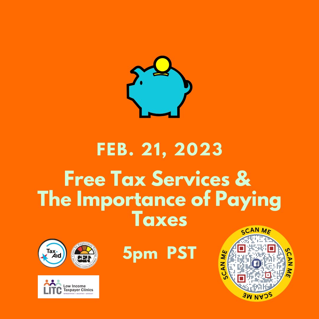 Join CET-ICP, Jill Sturm @TaxAidTweets & Amy Spivey, Visiting Assistant Professor & Clinical Director, UC Law SF Low-Income Taxpayer Clinic, to learn about FREE tax services and why it’s important to file #taxes! Facebook live Meeting ID: 818 8857 7442 Passcode: 809855
