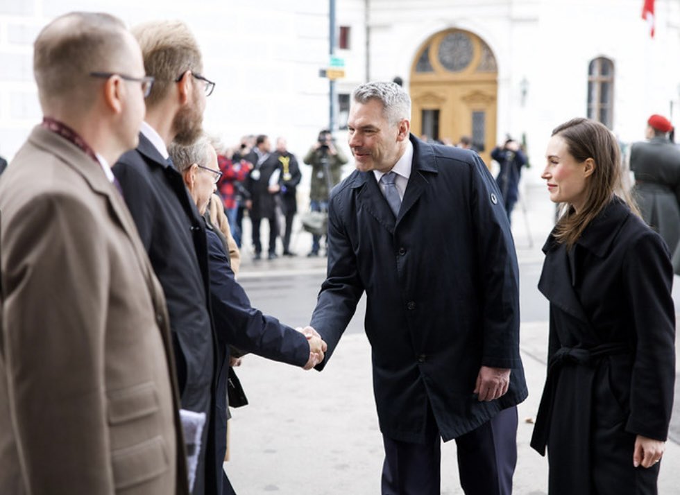 A good an efficient visit by PM Marin to Vienna to meet Federal Chancellor Nehammer and Federal President van der Bellen. Austria is a good partner in EU and together we affirmed our strong support for Ukraine. <a href="/Ulkoministerio/">MFA Finland 🇫🇮</a>