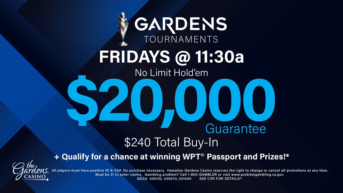 cavincasino's tweet photo. Thank Gardens Itβs Friday #TGIF
$20K GTE 1-Day #SeeYouSoon #GardensTournaments @gardenscasino #WeeklyTournamnets
Remember we will be awarding over $80K in Cash & Prizes for @WPT #SatelliteSpectacular Earn Double Points on Sat & Sun π https://t.co/SqFgI9HvrV https://t.co/Z48AP4fQnb