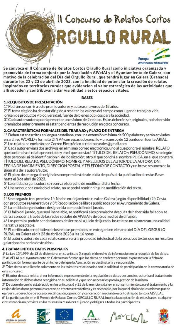 AlVelAl_4R's tweet image. Si eres un/a enamorado/a del mundo rural, lo vives y lo sientes de corazón y, además te gusta escribir y disfrutar del placer de la buena literatura ¡este es tu momento! Lanzamos la II edición de Relatos Cortos Orgullo Rural, con motivo de la celebración del Orgullo Rural.