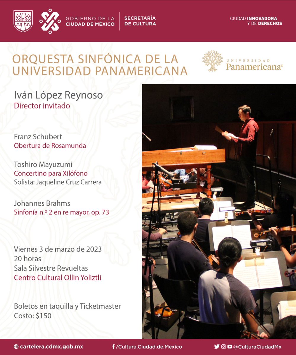 La Orquesta Sinfónica de la Universidad Panamericana, bajo la dirección del Mtro. Iván López Reynoso se presenta en la #SalaSilvestreRevueltas, este viernes 3 de marzo a las 20 horas. Boletos en taquilla y ticketmaster. bit.ly/3xtqtMH