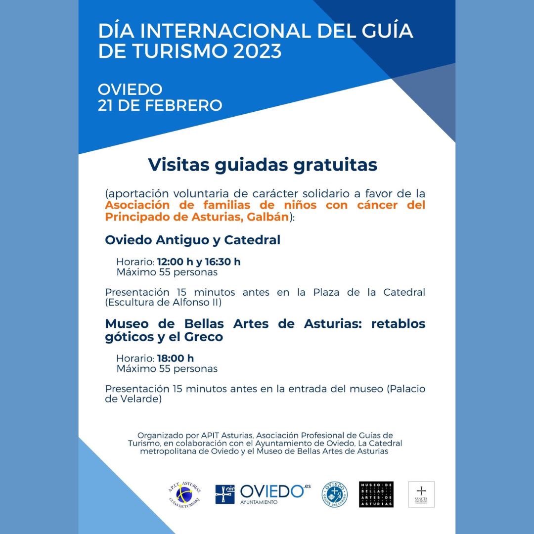 En @apitasturias celebraremos el 21 de febrero el Día Internacional del Guía de Turismo #DIGT2023 con visitas guiadas gratuitas colaborando con <a href="/aytoviedo/">@aytoviedo</a> @catedral_de_oviedo  @museobbaaasturias <a href="/asoc_galban/">Asociación Galbán</a> ¡No te lo pierdas!
#viveunturismosostenibleeligebienquienteguia