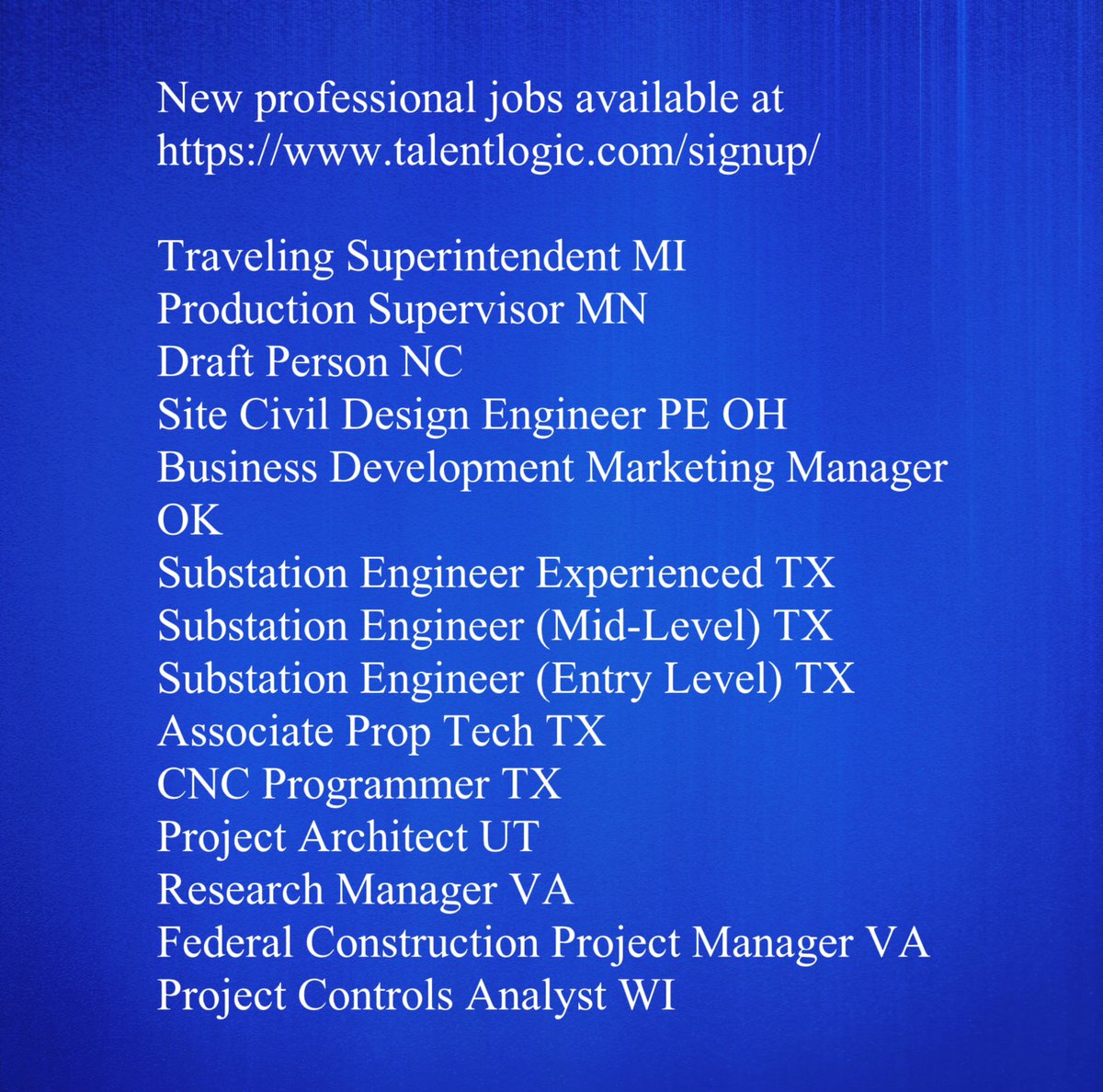 TalentLogicInc's tweet image. New professional jobs available at
talentlogic.com/signup/
#projectarchitect #researchmanager #cncprogrammer #projectcontrolsanalyst #associateproptech #substationengineer #civildesigner