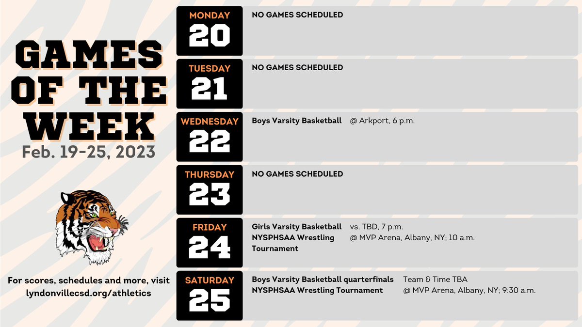 Here are our upcoming games of the week! Mark your calendars! Will we see you at any of the games?🐯 #TigerPride