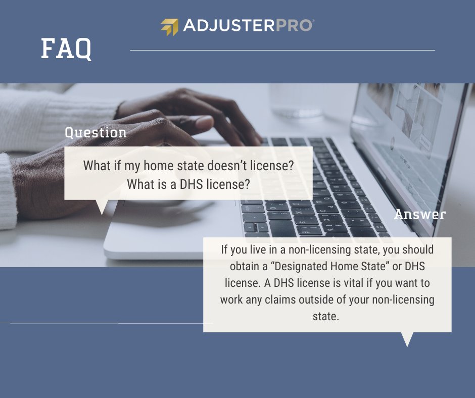AdjusterPros's tweet photo. If you live in a state that doesn't license adjusters, you still want to get your license. Designated Home State or DHS licenses can help get you a job as well as provide reciprocity! To read more about DHS licenses, click here https://t.co/3gBAgJimND https://t.co/jKaABIaVNp