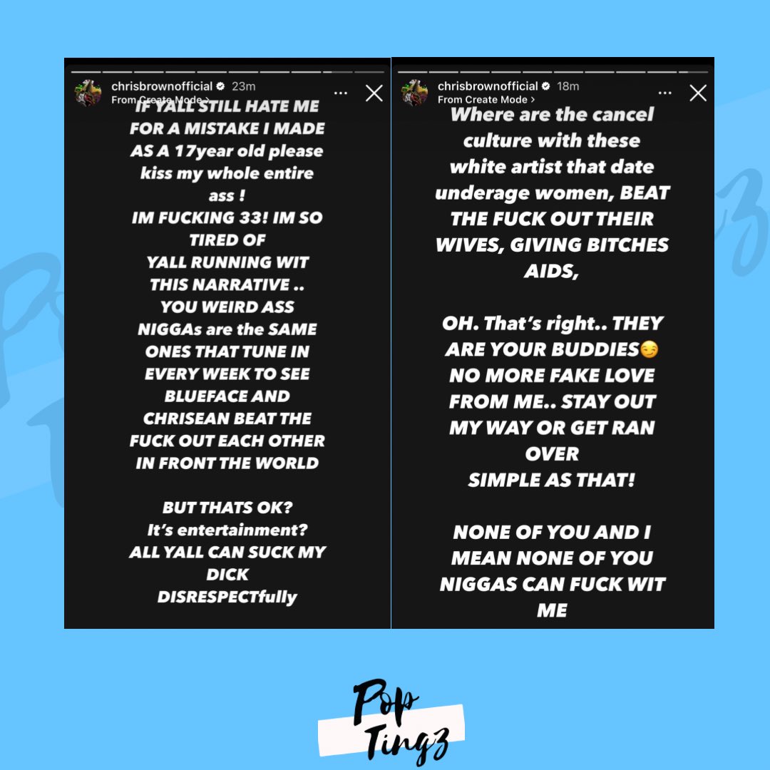 PopTingz's tweet photo. Chris Brown responds to backlash following the announcement of his collaboration with Chlöe:

“IF YALL STILL HATE ME FOR A MISTAKE I MADE AS A 17 year old please kiss my whole entire ass!” https://t.co/UBw3TQ8EnW