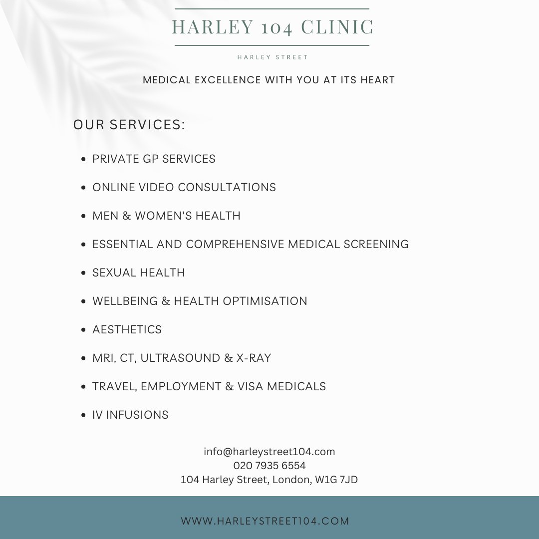 Our range of services focuses on providing you with excellent healthcare.

#healthcareservices #health #medicalservices #clinic #harleystreet #healthylifestyle #aesthetics #ivinfusion #consultation #doctor #london #uk #privatehealthcare #harley104clinic #scan #wellbeing #travel