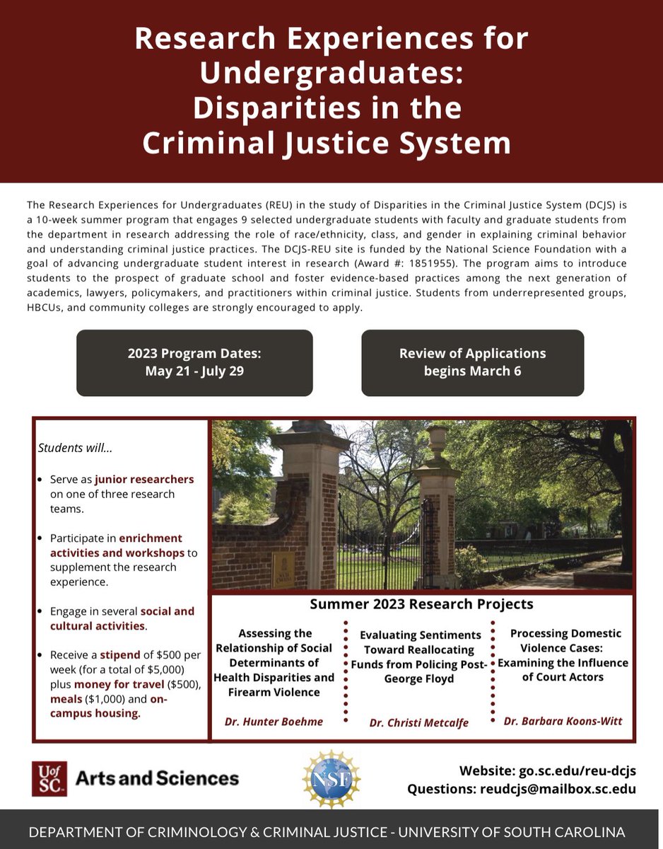 BarbWitt736's tweet photo. Now accepting applications for 9 paid summer research positions as part of our REU Site funded by NSF on Disparities in the CJ System. Please share with your students / networks. @VCU @gmucriminology @gsucjc @FSUCriminology @TXST_CJC @CJCSamHouston @UDSocCJ @UNOSCCJ @SHSUCJ https://t.co/xD0oqPhq18