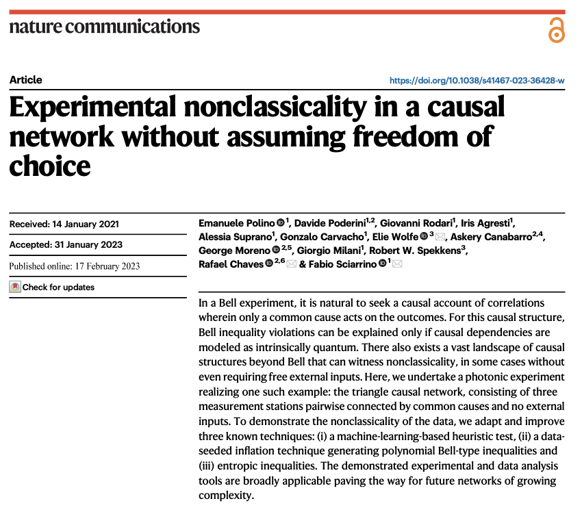 FabioSciarrino's tweet photo. Last @qlab_sapienza @SapienzaRoma  result in collaboration with @Perimeter @QIQM_IIP just published in @NatureComms  "Experimental nonclassicality in a causal network without assuming freedom of choice" the triangle causal network without external inputs!
https://t.co/HOrDus3y8A https://t.co/g3H71g191K