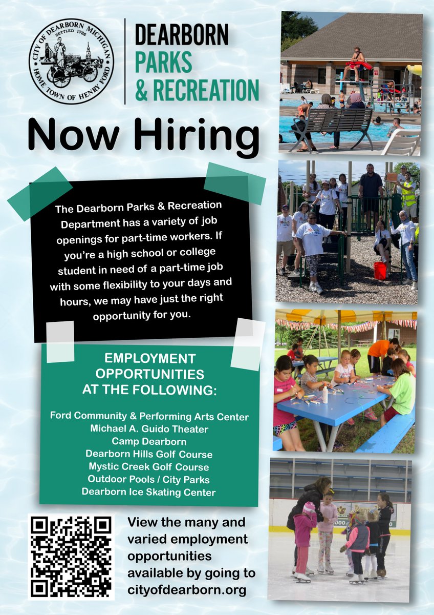 Dearborn Parks &amp; Recreation facilities, including the Ford Community &amp; Performing Arts Center, Camp Dearborn, Mystic Creek Golf Course and the DISC offer employment opportunities. View a complete list at governmentjobs.com/careers/dearbo…