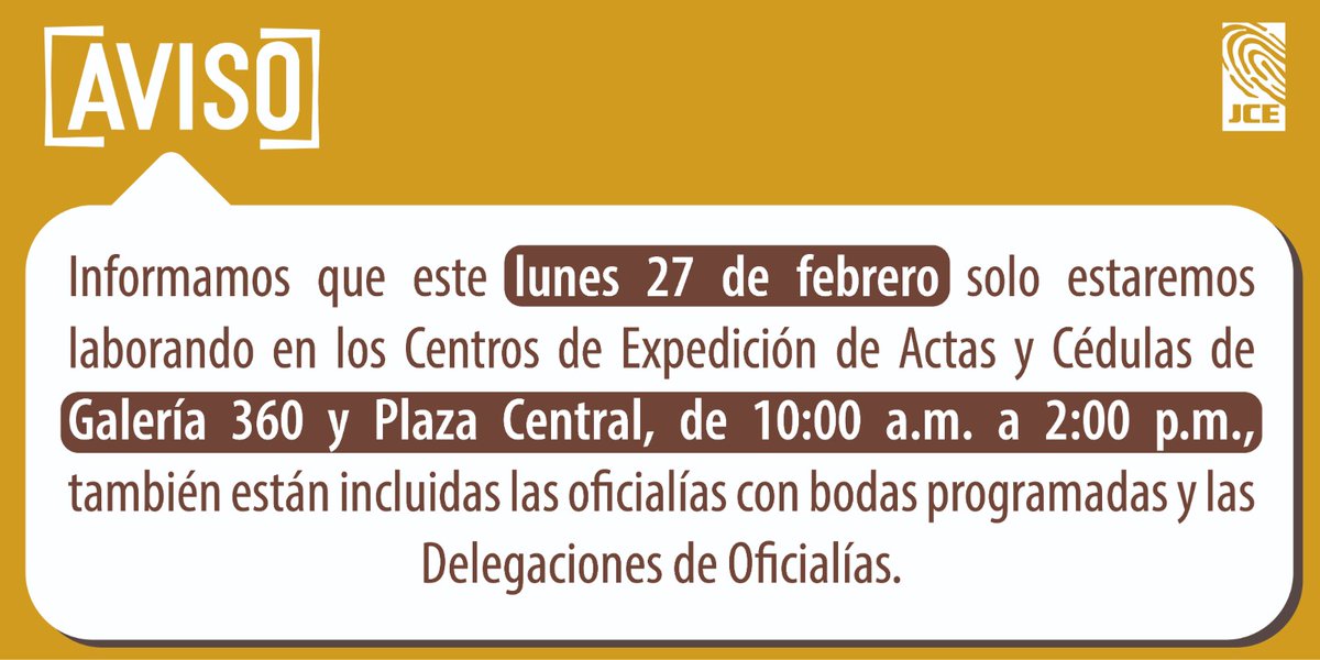 Informamos que este lunes 27 de febrero, Día de la Independencia, estaremos laborando en nuestros Centros de Expedición de Galería 360 y Plaza Central en horario de 10:00 a. m. a 2:00 p. m.. Están incluidas las oficialías con bodas programadas y las Delegaciones de Oficialías.