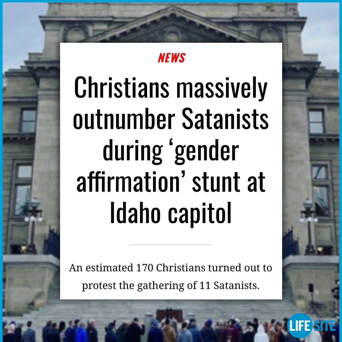 Despite the significant media attention, a paltry 11 Satanists actually turned out on Monday and were outnumbered by as many as 170 devout Christians.

lifesitenews.com/news/christian…

#Satanic #Catholic #News #Christians #Genderaffirmation #Idaho