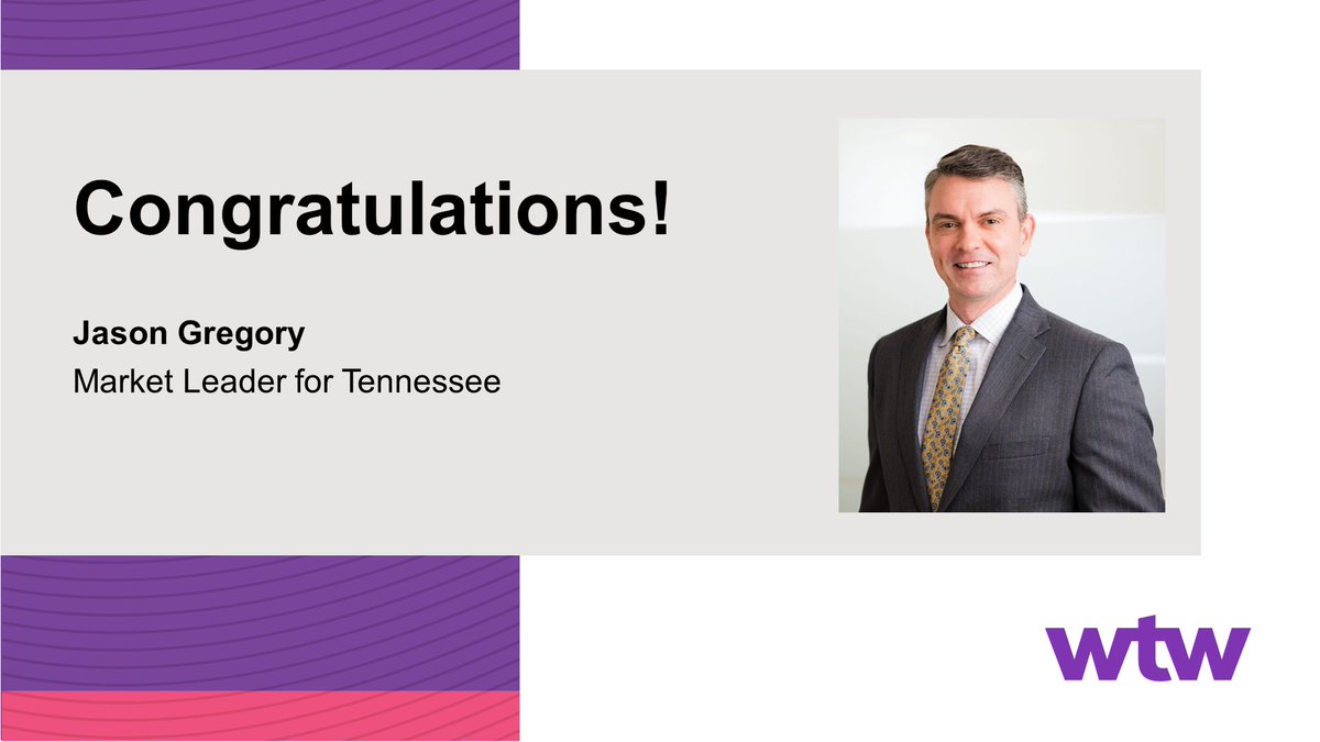 WTWcorporate's tweet photo. We are excited to announce Jason Gregory as #Tennessee Market Leader, focusing on building #OneWTW culture with smart connections across businesses and clients and representing WTW in the community. Congrats Jason! 

#WTWLife #WTWCareers #Nashville #NorthCarolina #SouthCarolina https://t.co/nJMzfZMZNq