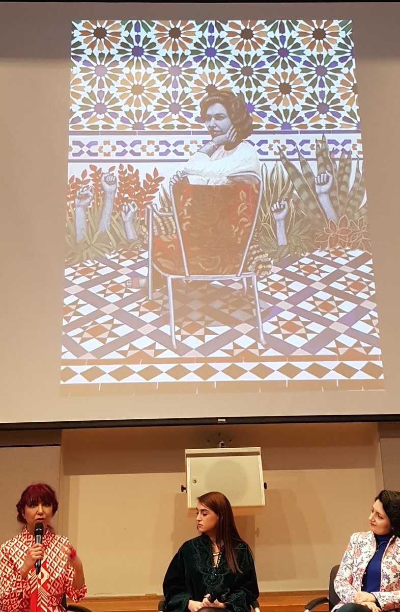 Brilliant hearing from #soheilasokhanvari <a href="/V_and_A/">V&A</a> right now on protest in her art, she has been painting faces of her family since leaving #iran in 1979. Here clenched fists rise up from the garden.
#WomanLifeFreedom #mahsaamini #jinaamini #iranrevolution #opiran