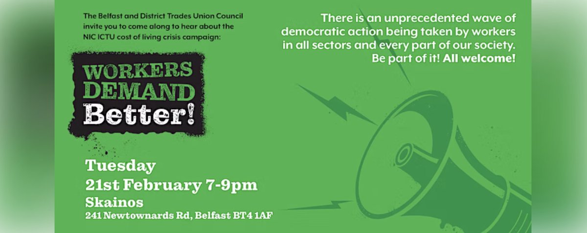 @BDTUC
The 2nd of our series of COL crisis meetings with @NIC_ICTU
 is taking place this Tue 21st in the Skainos Centre in East #Belfast. 7-9pm Everyone welcome.  Trade Unions 🤝 Communities #WeDemandBetter  eventbrite.com/e/workers-dema…