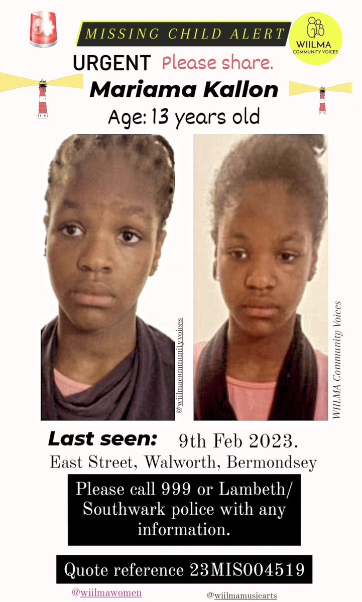 WIILMAMusicArts's tweet photo. @AdamRutherford Please RT/ share #MariamaKallon is a missing 13 year old child.Last seen on the 9th February in Bermondsey #Missingpersonslondon
#lambeth #southwark
Please call 999 or call Lambeth or Southwark police if you have any information that could help.
Reference 23MIS004519. https://t.co/tlAPoLUKtk