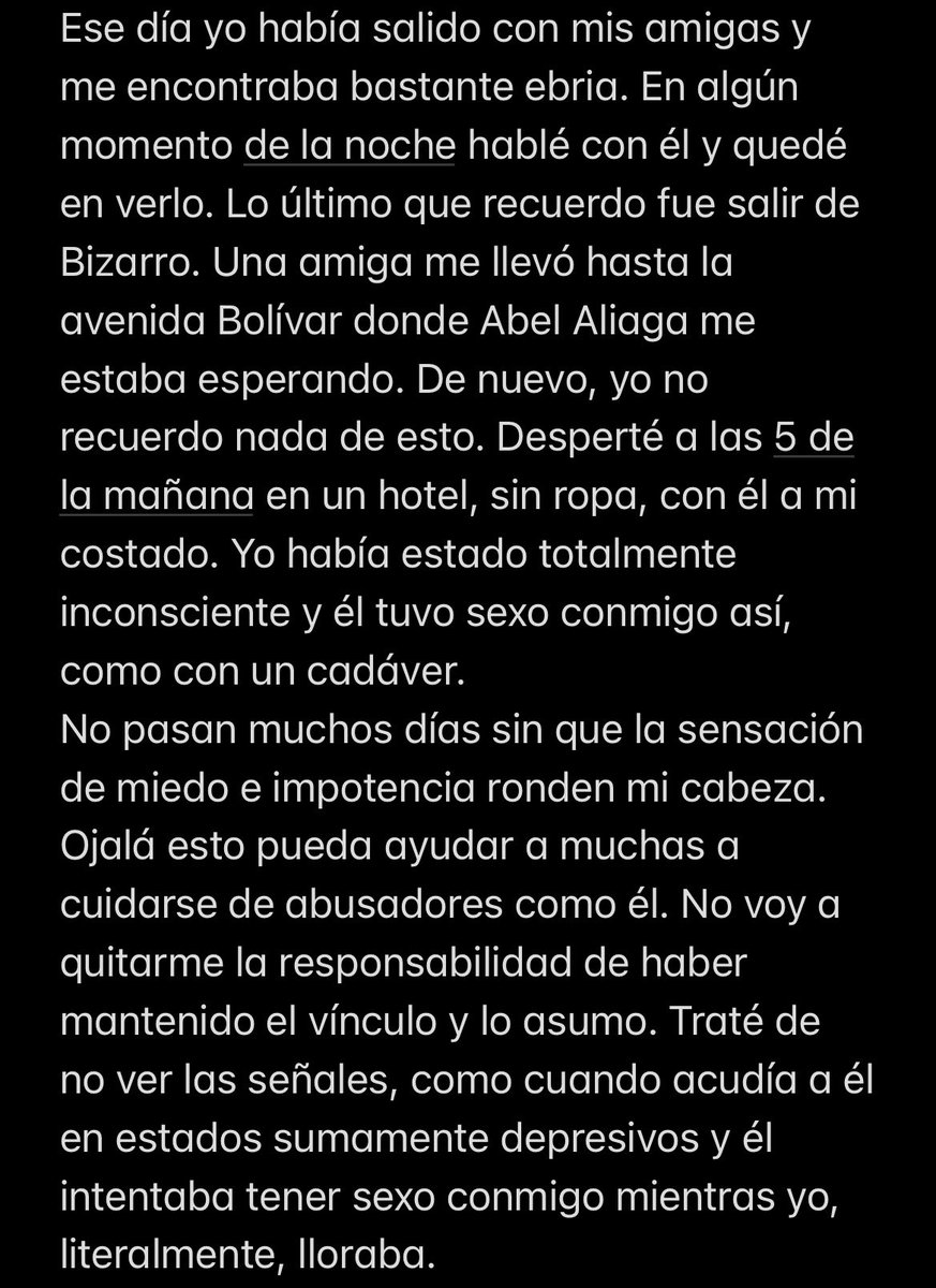 Disaster1924's tweet photo. A partir de este valiente testimonio de denuncia contra Abel Aliaga, una compañera me ha pedido que comparta su testimonio también. Ella prefiere mantener el anonimato y espera que esto sirva para que otras mujeres no vivan lo mismo. Entre nosotras nos cuidamos. ✊🏻 https://t.co/s6o8AXRcaG