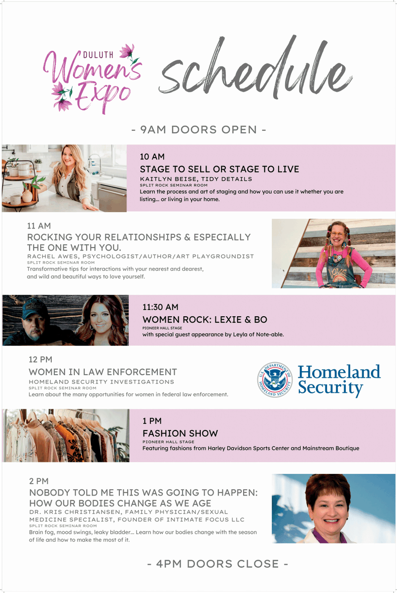 Just look at this lineup! The Duluth Women's Expo is Saturday the 25th at the <a href="/deccduluth/">The DECC</a>

Tickets available at the door for only $5 or make a product donation to the Safe Haven Health and Hygiene Drive. 

For more info visit duluthwomensexpo.com
