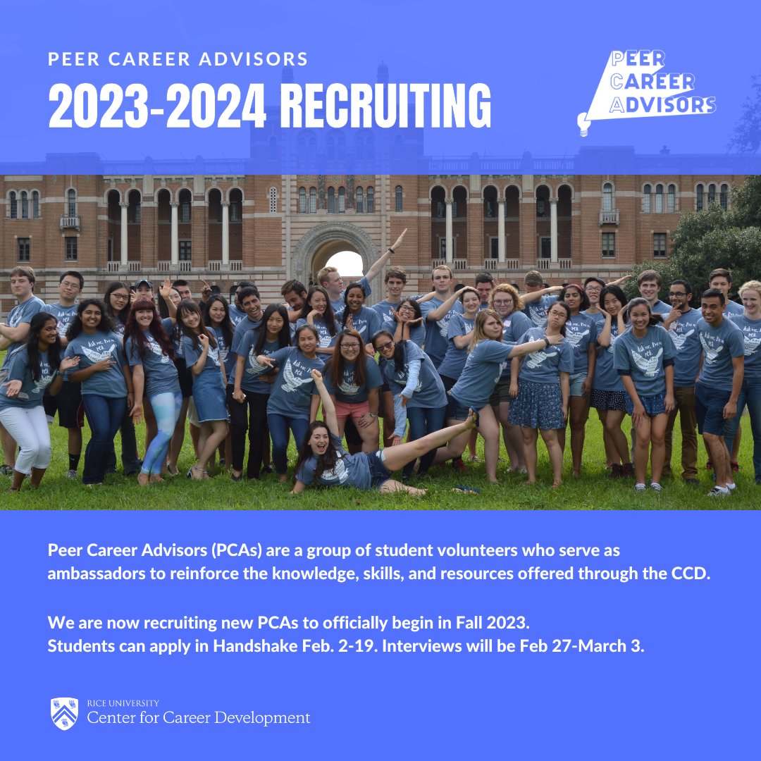 The CCD is currently looking for committed students who have a genuine interest in learning about career development topics and assisting their peers!  If this sounds like you, apply to become a Peer Career Advisor!

For more information, click here: ow.ly/6q3u50MVMeL