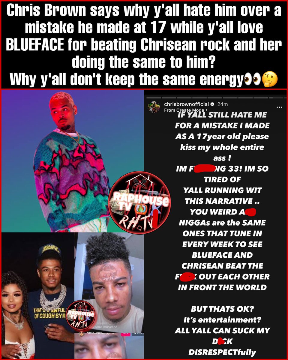 Chris Brown says why y'all hate him over a mistake he made at 17 while y'all love
BLUEFACE for beating Chrisean rock and her doing the same to him?
Why y'all don't keep the same energy🤔Thoughts on This &amp; their relationship??