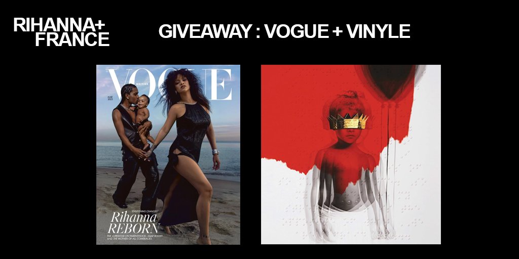 Pour vous remercier de votre fidélité, Rihanna France vous offre l'édition du mois de mars du magazine Vogue ainsi qu'un vinyle de votre choix. ✨

RT + Like pour participer ! 🎁

Le gagnant sera tiré au sort lorsque le compte Twitter aura atteint les 300 followers !