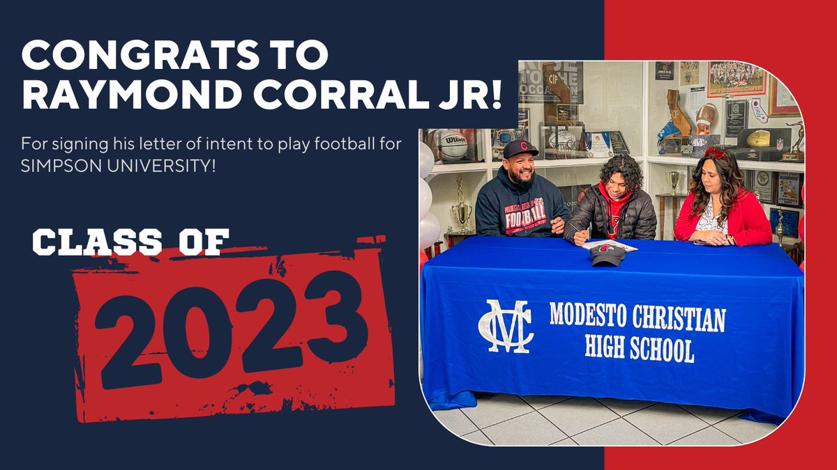 Modesto Christian is thrilled to announce that Raymond Corral Jr. has decided to follow his football dream all the way to SIMPSON UNIVERSITY! #modestochristianschool #crusadernation  #simpsonuniversity #mchsfootball #classof2023 #collegefootball #letsgomc