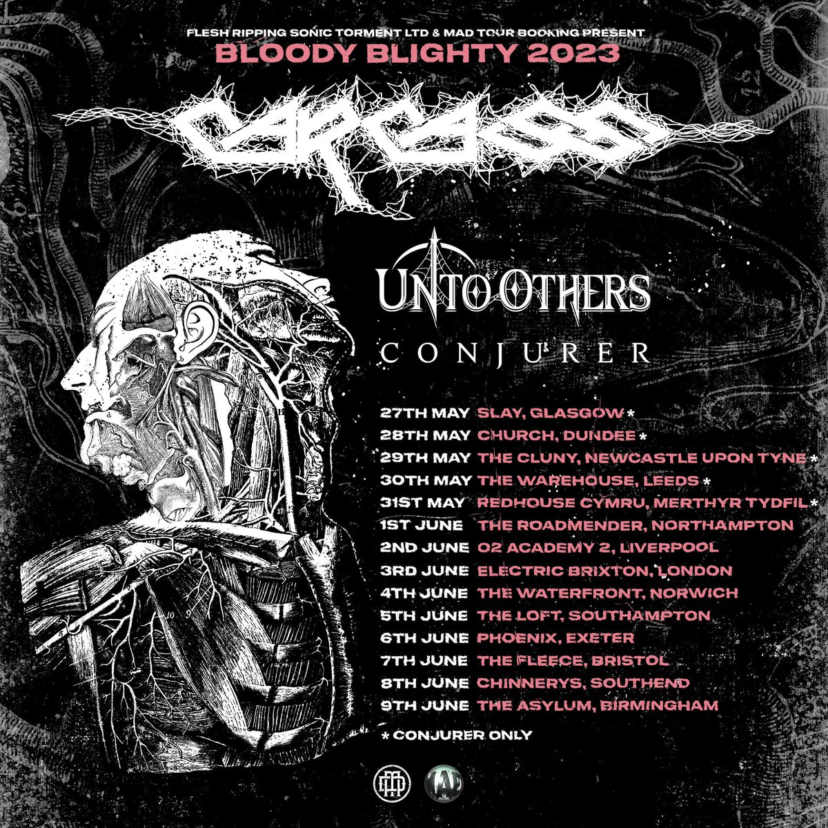 Bloody Blighty 2023 Tour 14 intimate club shows all across the U.K. with Unto Others (1st June - 9th June) and Conjurer (all dates) This is the first full U.K. tour since the 90’s! Tickets at: mad-tourbooking.de/carcass/ #Carcass #DeathMetal #Metal