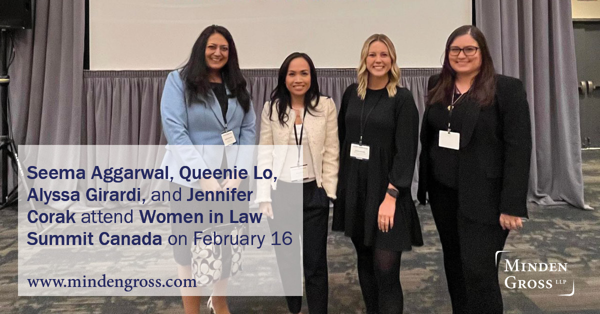 MindenGross's tweet photo. Seema Aggarwal, Queenie Lo, Alyssa Girardi, and Jennifer Corak attended the Women in Law Summit Canada hosted by Canadian Lawyer on February 16th. This event celebrates, empowers, and supports women leaders in the legal profession. https://t.co/lNRUSjLC8D