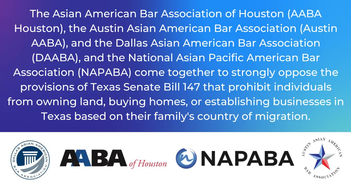 NAPABA's tweet image. Together, @AABAHouston, @AustinAABA, Dallas AABA &amp;amp; NAPABA, share their opposition to a law proposed in Texas, SB 147 As bar associations serving members in Texas, we will work to ensure the legislature hears the voices of our communities in the state: napaba.org/page/statement…