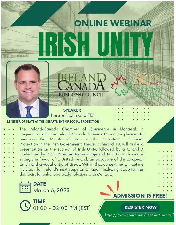 ICCC-MTL (@iccc_mtl) on Twitter photo IRISH UNITY: You will not want to miss this! On 6 March, Irish Minister of State <a href="/nealerichmond/">Neale Richmond</a> will give his views on Ireland, Brexit, the EU and the future trade relationship with Canada. Admission is FREE... register here eventbrite.ca/e/icbc-and-icc… IRISH UNITY: You will not want to miss this! On 6 March, Irish Minister of State <a href="/nealerichmond/">Neale Richmond</a> will give his views on Ireland, Brexit, the EU and the future trade relationship with Canada. Admission is FREE... register here eventbrite.ca/e/icbc-and-icc…