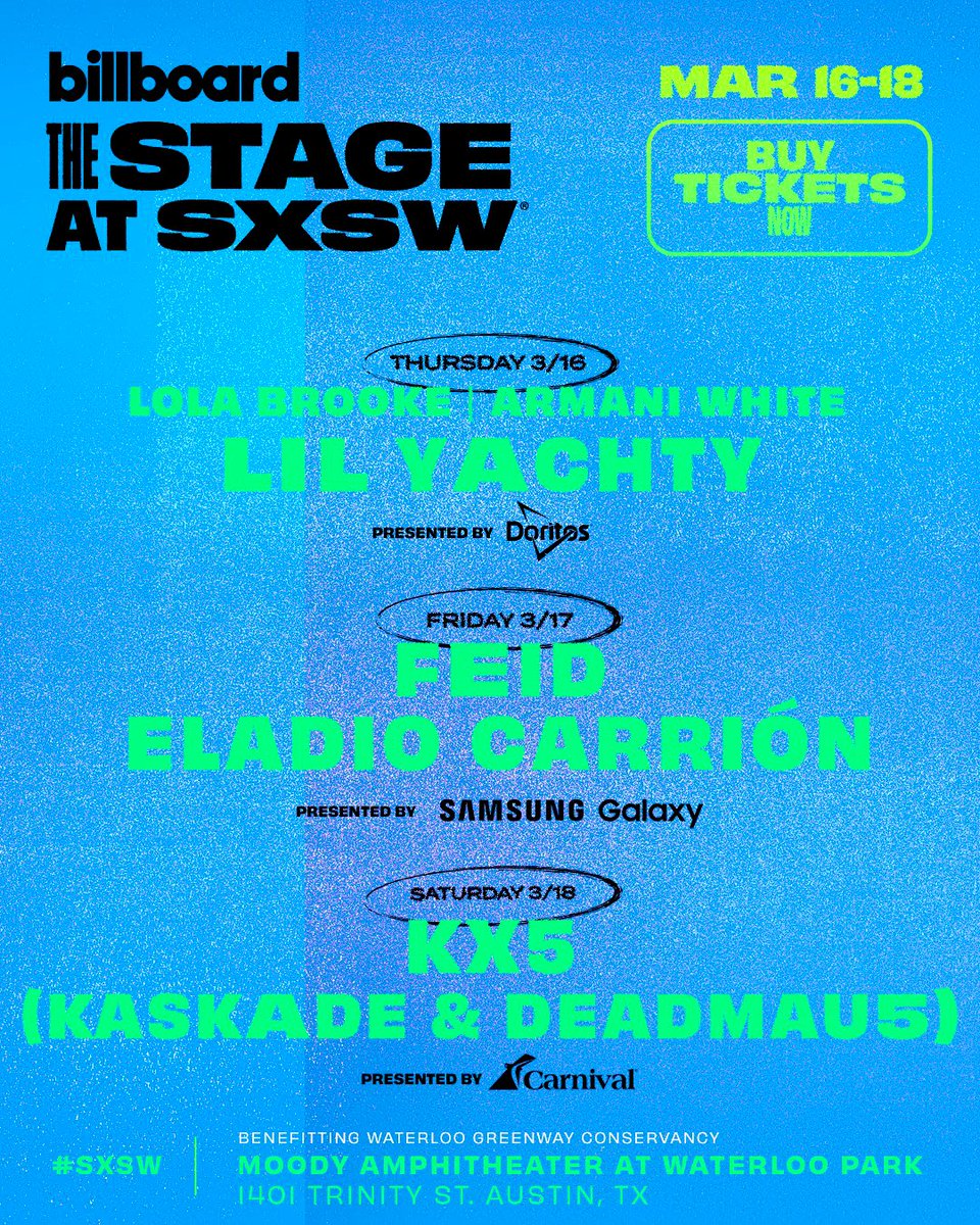 HUGE SXSW 2023 NEWS:

<a href="/billboard/">billboard</a>’s THE STAGE

3/16:
<a href="/lilyachty/">CONCRETE BOY BOAT^</a>
<a href="/lolabrooke718/">Lola Brooke</a>
<a href="/armaniblanco/">Armani White</a>

3/17:
<a href="/ferxxo4/">ferxxo</a>
<a href="/eladiocarry_on/">ELA 🥷</a>

3/18:
<a href="/deadmau5/">Goat lord</a>
<a href="/kaskade/">Kaskade</a>

Tickets: ticketmaster.com/moody-amphithe…

➡️ 7 PM
 
➡️ At @Moody_Amp / @WaterlooGW - 1401 North Trinity St. Austin, TX

#SXSW2023 #SXSW