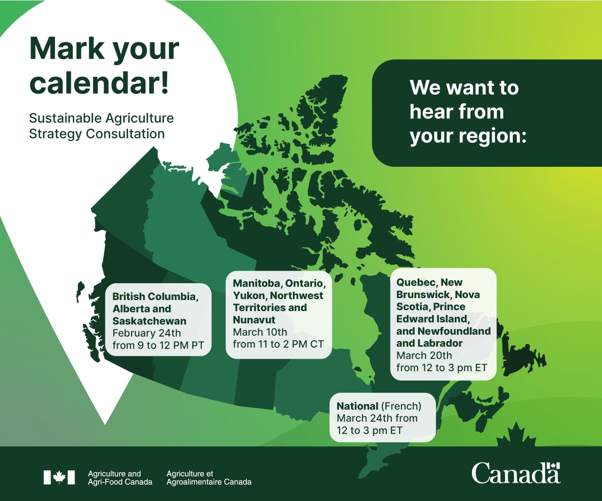 AAFC_Canada's tweet photo. #CdnAg producers in BC, AB, SK: we want to hear from you on the Sustainable Agriculture Strategy! Join us for our virtual consultation session on Feb 24 ( 9 – 12 pm PT). RSVP: https://t.co/CxjwntVZas https://t.co/1AC8yop8eC