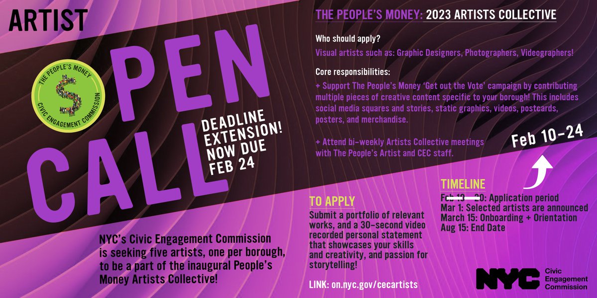 NYCCEC's tweet photo. 🚨DEADLINE EXTENDED🚨 NYC artists now have until next Friday, Feb. 24th to apply to the #OpenCall!

The CEC is seeking five artists, one representative for each borough, to be a part of the inaugural #ThePeoplesMoney💰 Artists Collective! 

Apply: https://t.co/H4Erle76cR 🗽 https://t.co/meV4b2t7Qo