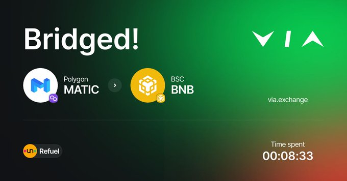 bnb_freedom's tweet photo. Just bridged $MATIC on #Polygon to $BNB on #BSC in 8m 33s using @via_protocol . #Web3 #CrossChain #DeFi #ViaProtocol https://t.co/u6ZifHgeVk