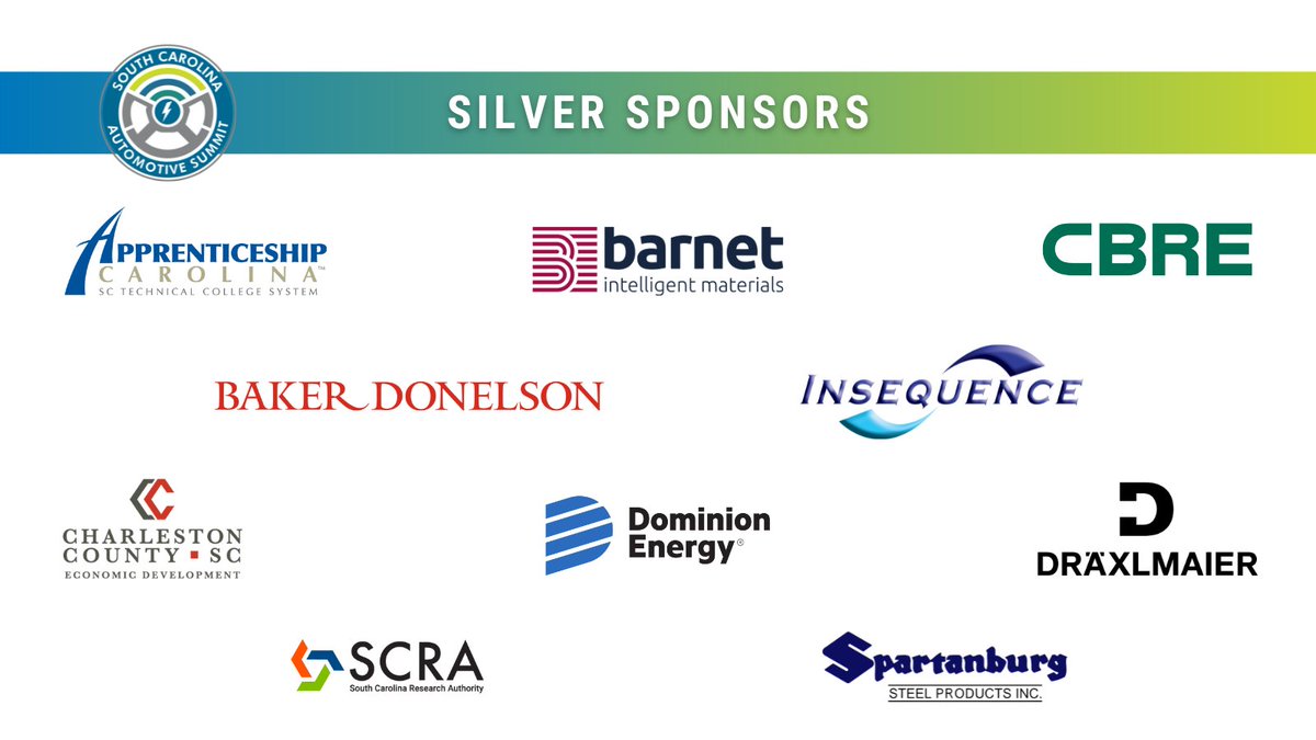SCAutoCouncil's tweet photo. Thank you to our #SCAutoSum23 Silver Sponsors for their support! @ApprenticeshpSC @BakerDonelsonIP #Barnet @CBRE @CharlestonCED @domenergysc @DRAEXLMAIER_USA @InsequenceCorp @SCRAInnovation #SpartanburgSteel https://t.co/o7DCWCla6k