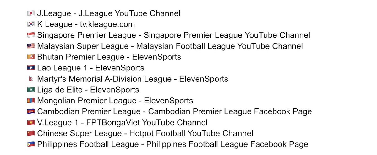 kirbyhazard's tweet photo. New to Asian Football and want to know how to watch live and for free?

Then here you go! Apologies if I’ve missed any off. 

I have more interest in East and South East Asian football and these are the ones I am able to watch in the UK 😄 https://t.co/rHUcYoKkCP