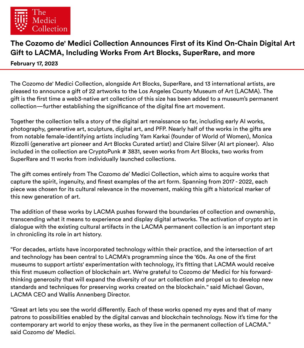 CozomoMedici's tweet photo. Official Medici Collection press release and full list of works donated or pledged to the Los Angeles County Museum of Art (LACMA) permanent collection (1/15) https://t.co/6BExxG2hJM