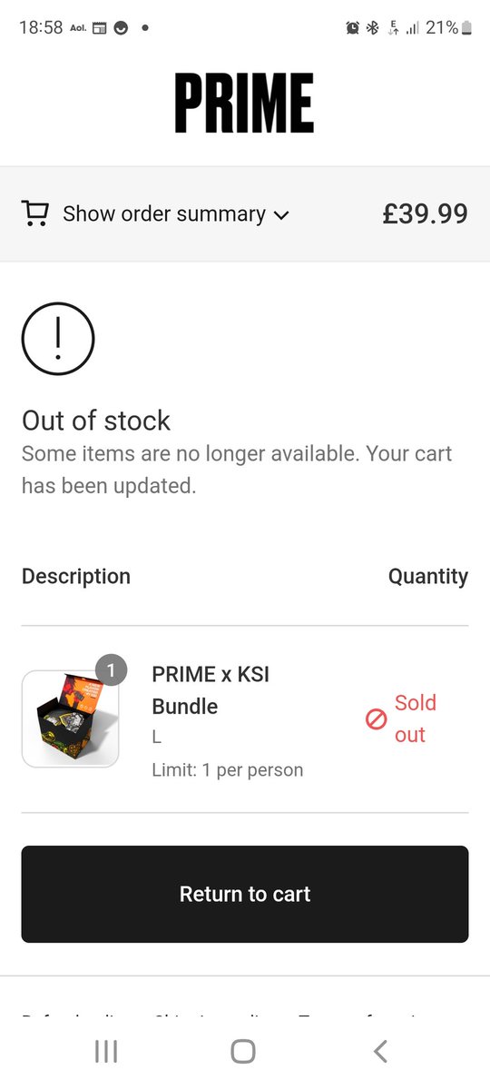 CatherineTowler's tweet photo. @PrimeHydrate @KSI Not impressed ksi was on the website at 17.00 checked out at 17.01,was held in que for 1hour 57mins to be told its sold out, how unfair is that. Ur telling me that In 1 min  it sold out 
My son is so upset.
I think if you get through to the checkout with item in basket https://t.co/rMsVCSHDFt