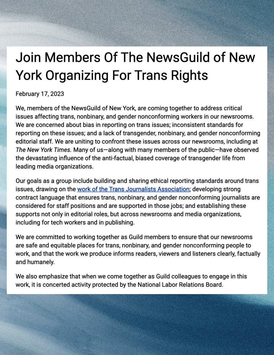 codycorrall's tweet image. hi. members of @nyguild are uniting to address critical issues affecting trans, nonbinary, and gender nonconforming workers in our newsrooms. read our statement and, if you’re in the guild, join us to build a better future: bit.ly/transnewsguild