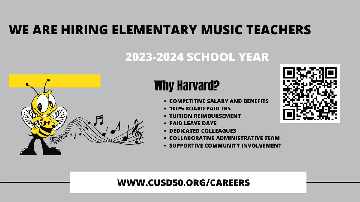 Calling all music teachers!  Crosby Elementary School is where our kindergarten through third graders shine! Our district music team is highly supportive &amp; ready to support you!  #HarvardRising #d50careers #musiceducation 

Apply today: cusd50.tedk12.com/hire/ViewJob.a…
