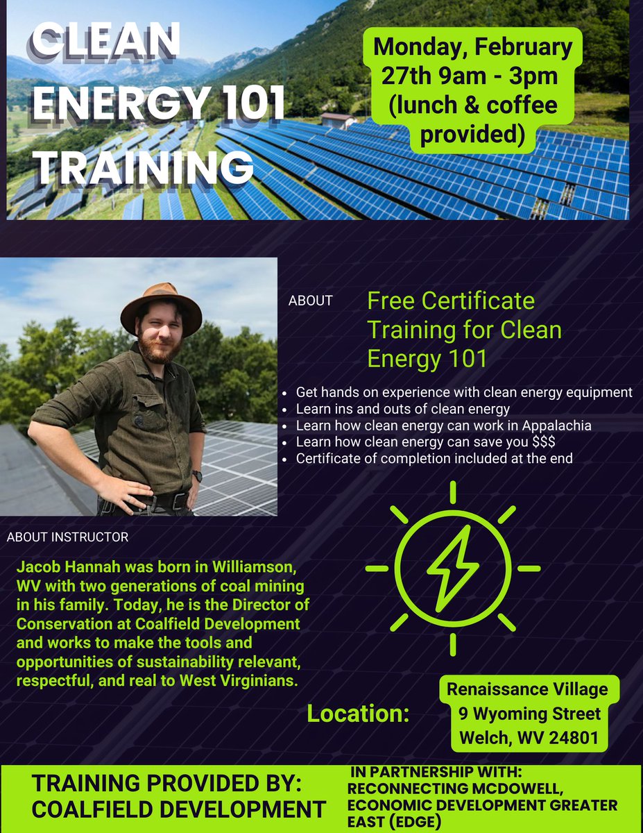 ReconnectMcD's tweet photo. Are you interested in new energy? Curious about solar projects in WV? Join us in Welch on Monday February 27th to learn more! https://t.co/0YSDVYhvXI