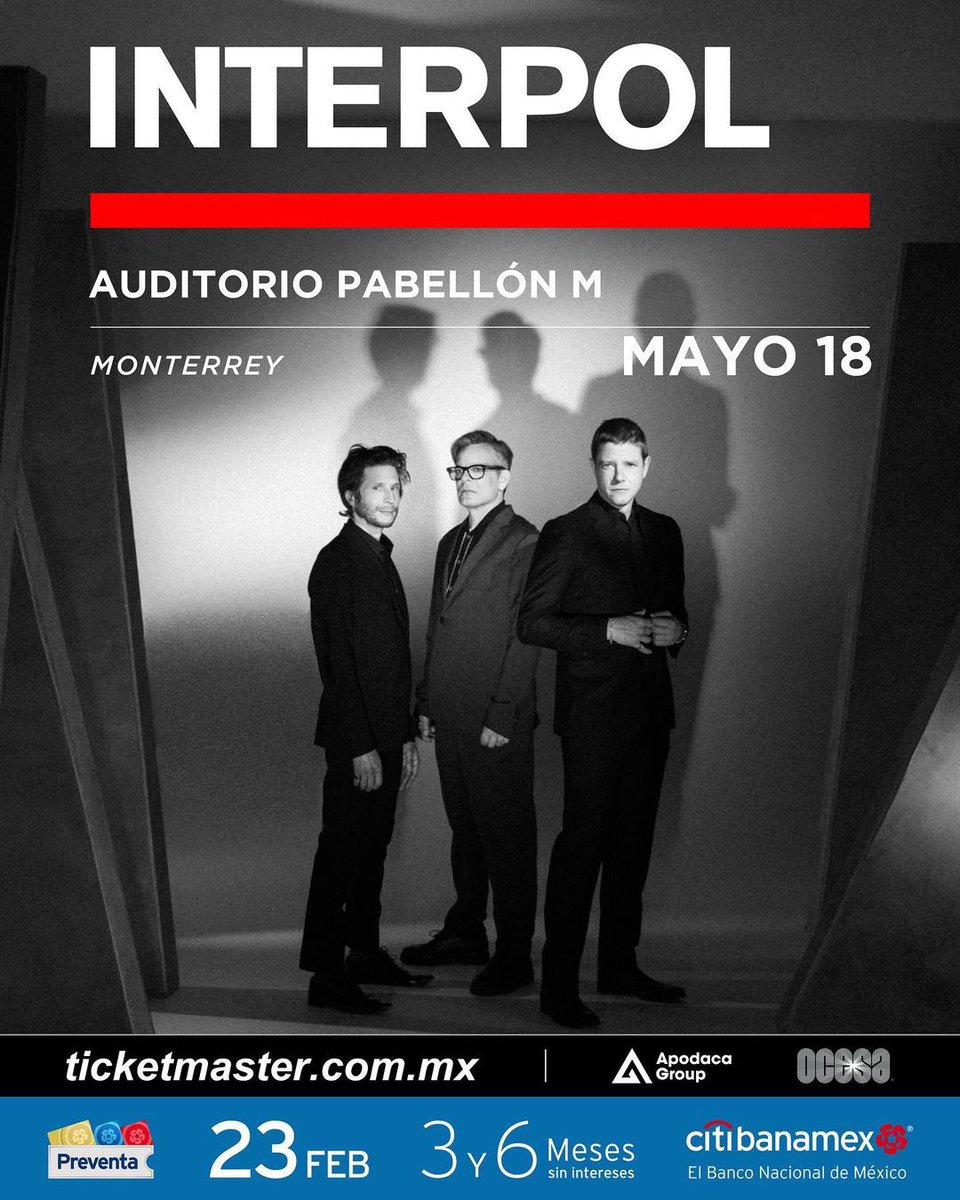 Interpol's tweet photo. We’re so excited to return to Monterrey for a special headlining show, pre-sale begins on Thursday, February 23rd, on-sale begins on Friday, February 24th 🇲🇽🇲🇽🇲🇽 https://t.co/VBcsw7PZK0