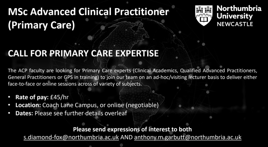 EsDeeEf's tweet image. 📞 Calling all #PrimaryCare experts 📞

We are seeking your expertise on our MSc #AdvancedPractitioner programme 👇🏻
