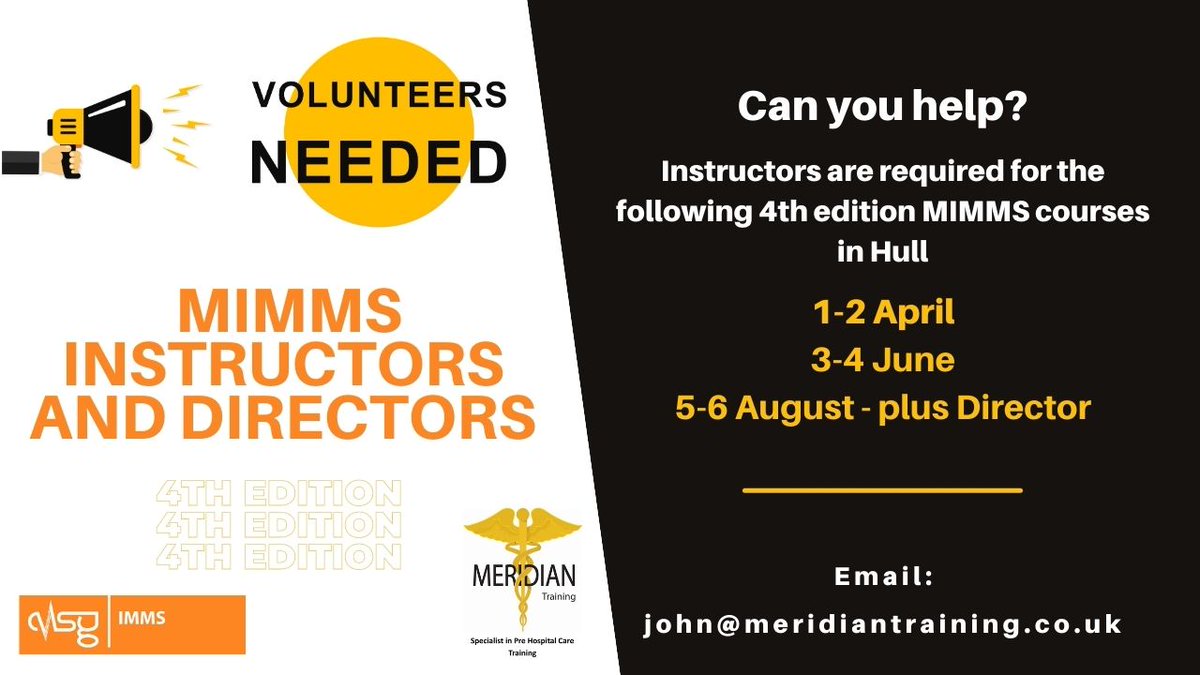 ALSG (@_alsg_) on Twitter photo Calling all MIMMS instructors and directors. Hull needs your help! Are you available to instruct on any of the new 4th edition MIMMS courses listed? Please email john@meridiantraining.co.uk if you can help. #MajorIncidentPreparedness #MIMMS4e #CommandandControl <a href="/MeridanTraining/">Meridian Training</a> Calling all MIMMS instructors and directors. Hull needs your help! Are you available to instruct on any of the new 4th edition MIMMS courses listed? Please email john@meridiantraining.co.uk if you can help. #MajorIncidentPreparedness #MIMMS4e #CommandandControl <a href="/MeridanTraining/">Meridian Training</a>
