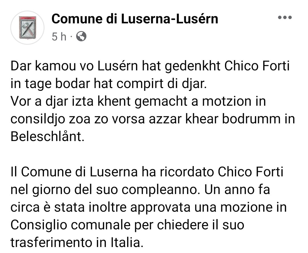 forti_chico's tweet photo. #17febbraio
Il Comune di Luserna ha ricordato #ChicoForti nel giorno del suo compleanno. Un anno fa circa è stata inoltre approvata una mozione in Consiglio comunale per chiedere il suo trasferimento in Italia.
Grazie #Luserna ❤️ https://t.co/J6HJ8fECfl